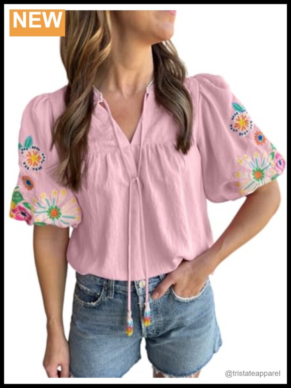 Women's Embroidered V Neck Boho Short Puff Sleeve Blouse Top